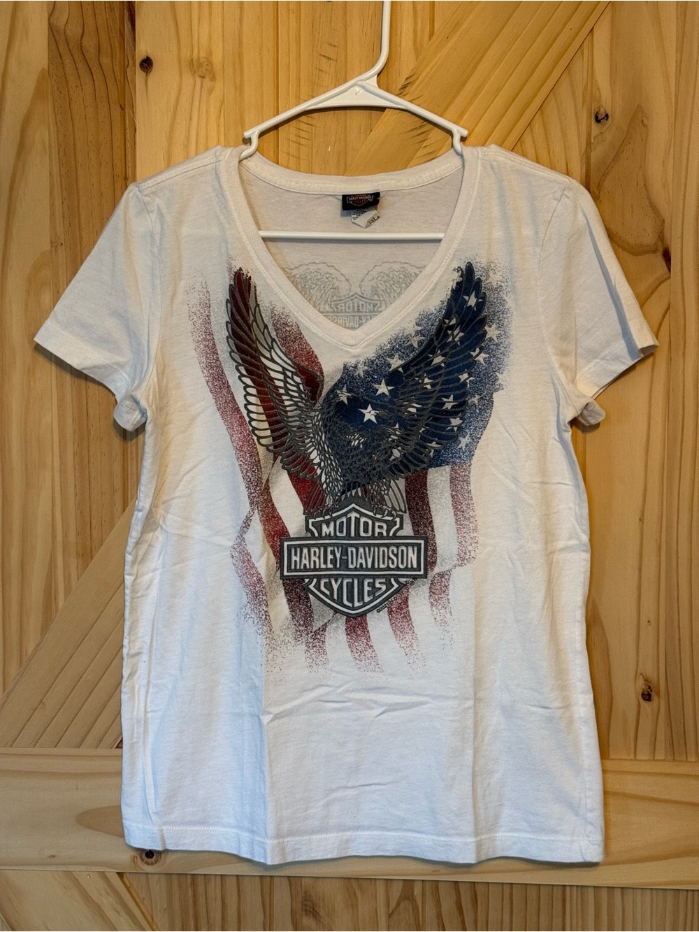 Harley-Davidson White V-Neck Tee with Patriotic Red & Blue Eagle Flag Graphic